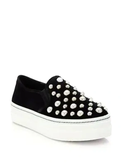 Shop Alice And Olivia Sasha Suede And Faux Pearl Slip-on Sneakers In Black
