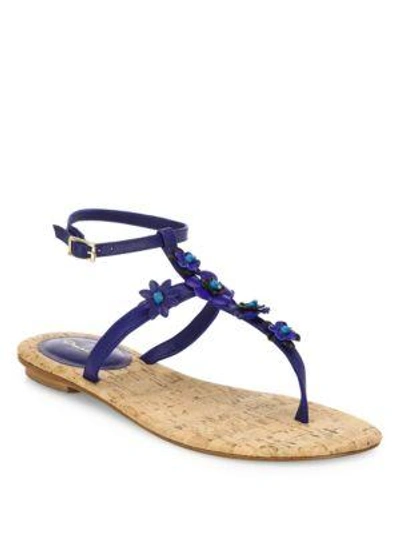 Shop Oscar De La Renta Flower Leather T-strap Sandals In Navy