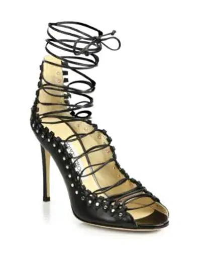 Shop Jimmy Choo Koko 100 Leather Lace-up Sandals In Black