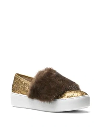 Shop Michael Kors Lorelai Mink Fur & Metallic Skate Sneakers In Gold