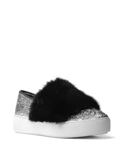Shop Michael Kors Lorelai Mink Fur & Metallic Skate Sneakers In Silver