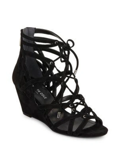Shop Kenneth Cole Dylan Suede Cage Wedge  Sandals In Black