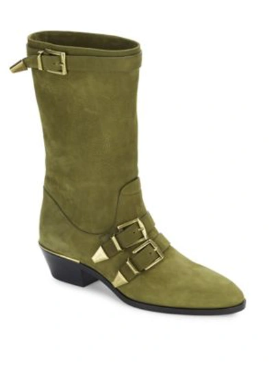 Shop Chloé Susanna Buckled Leather Boots In Dark Khaki