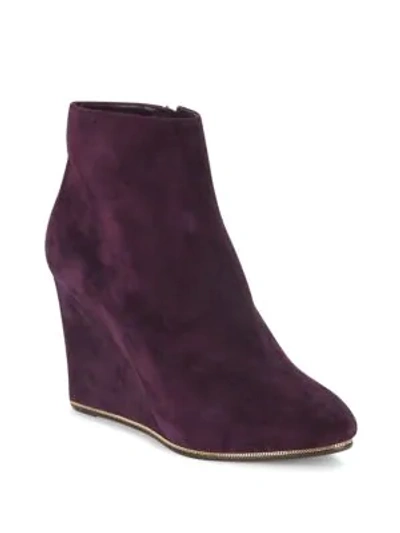 Shop Ferragamo Chain-trimmed Suede Wedge Ankle Boots In Plum