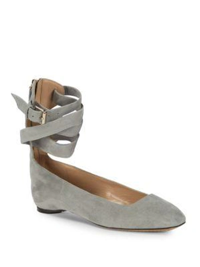 Shop Valentino Square Toe Suede Ankle-strap Flats In Grey
