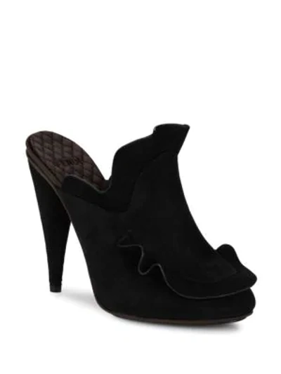 Shop Fendi Ruffle Leather Mules In Black