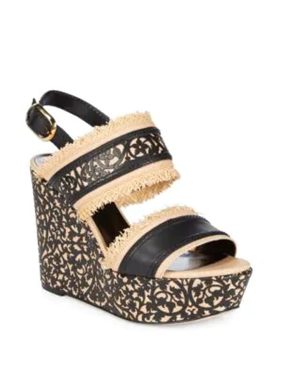 Shop Oscar De La Renta Talitha Floral Embossed Wedge Sandals In Black Beige