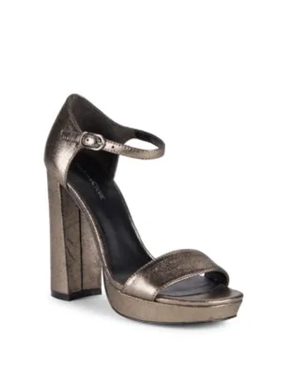Shop Pour La Victoire Yvette Leather Block Heel Sandals In Pewter