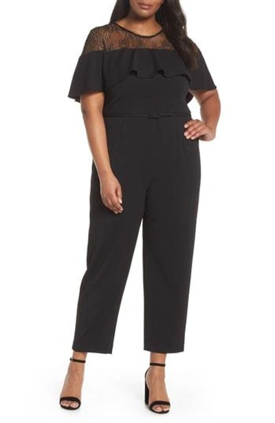 Shop Adrianna Papell Lace Illusion Ruffle Jumpsuit In Black