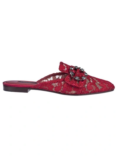 Shop Dolce & Gabbana Lace Buckle Slippers In Rosso Scuro