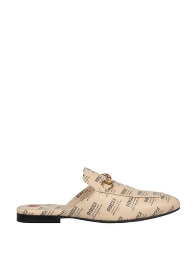 Shop Gucci Invite Print Leather Slippers In Beige