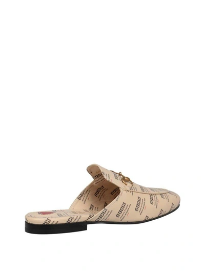 Shop Gucci Invite Print Leather Slippers In Beige