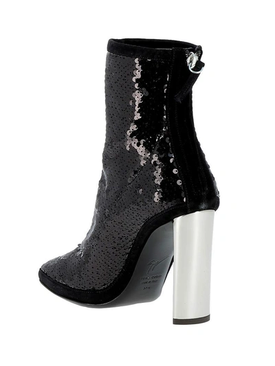 Shop Giuseppe Zanotti Design Black Stretch Paillettes Ankle Boots With Silver Metal Heel