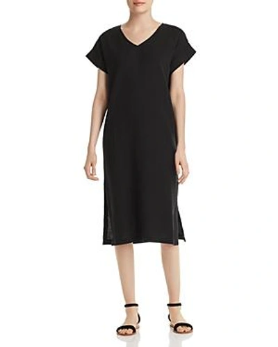 Shop Eileen Fisher Silk V-neck Midi Dress In Black