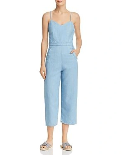 Shop Mother Cut It Out Cropped Denim Jumpsuit In Songbird