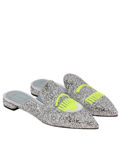 Shop Chiara Ferragni Ballet Flats  Slipper Logomania Glitter Pointy Toe With Maxi Embroidery Fluo Eyes Fle In Yellow