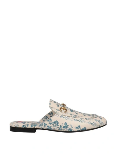Shop Gucci Princetown Rose Print Leather Slippers In Azzurro