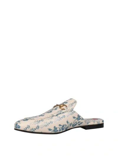 Shop Gucci Princetown Rose Print Leather Slippers In Azzurro