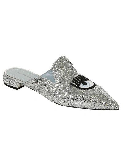 Shop Chiara Ferragni Eye Glitter Mules In Argento