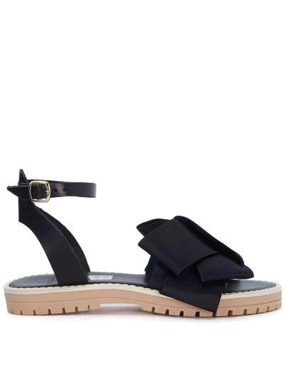 Shop Tipe E Tacchi Black Leather Sandal With Satin Bow In Nero