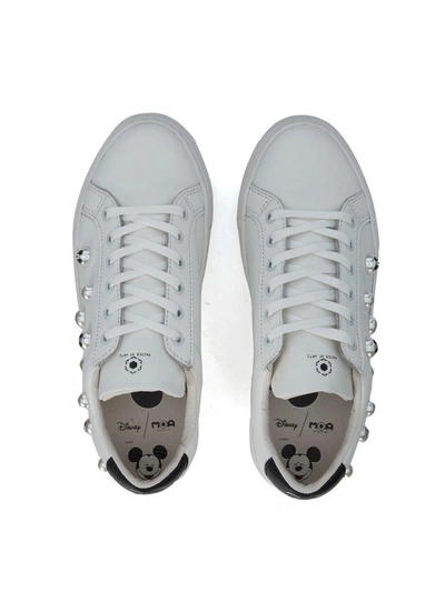 Shop Moa Master Of Arts Moa Mickey Mouse White Leather Sneaker With Pearls In Bianco
