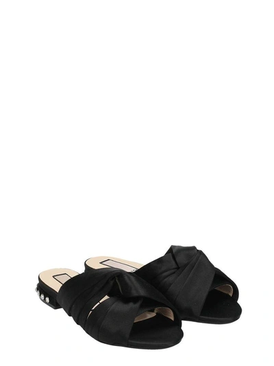 Shop N°21 Bow Black Satin Flat Sandals