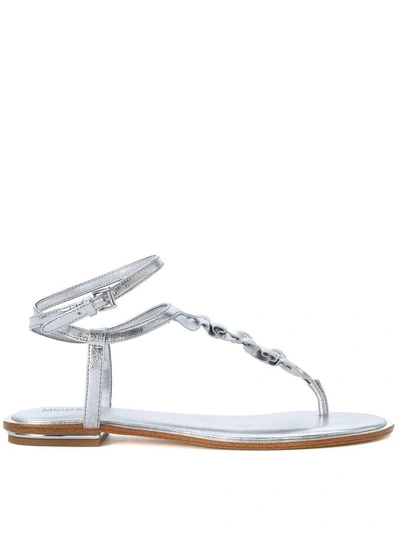 Shop Michael Kors Bella Silver Leather Thong Sandals In Argento
