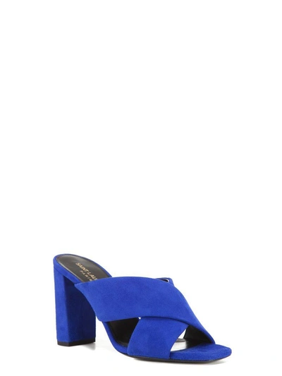 Shop Saint Laurent Crossover Strap Mules In Blue