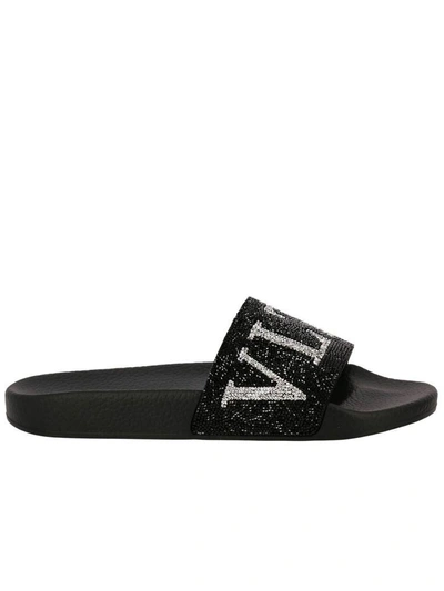 Shop Valentino Flat Sandals  Slide Sandals Rubber With Crystal Rock Band Logo In Black