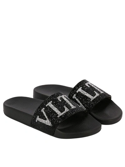 Shop Valentino Flat Sandals  Slide Sandals Rubber With Crystal Rock Band Logo In Black