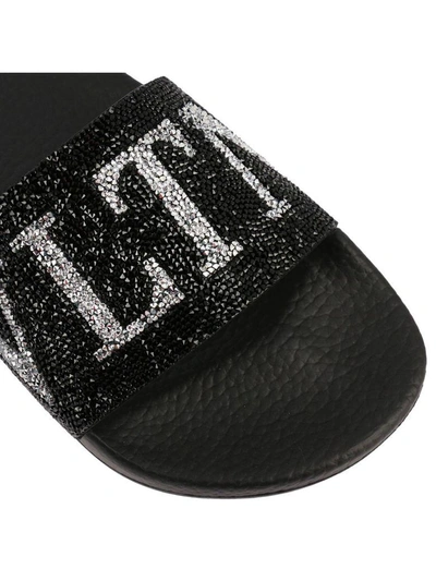 Shop Valentino Flat Sandals  Slide Sandals Rubber With Crystal Rock Band Logo In Black