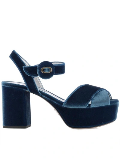 Shop Prada Light Blue Velvet Sandals