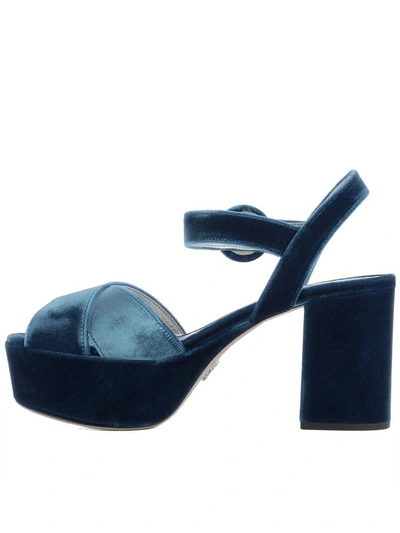 Shop Prada Light Blue Velvet Sandals