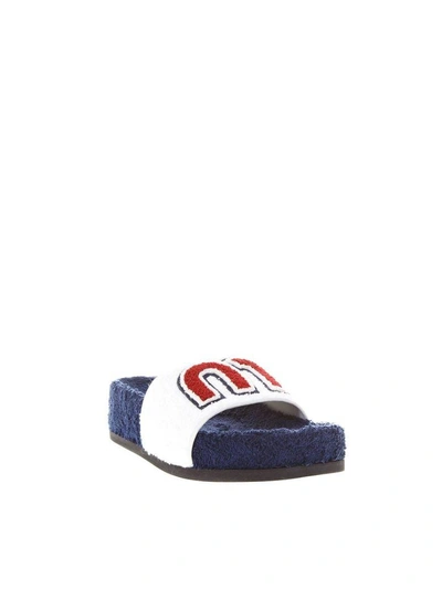 Shop Miu Miu Blu Cotton And Leather Sandals In Blue/white