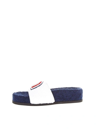 Shop Miu Miu Blu Cotton And Leather Sandals In Blue/white