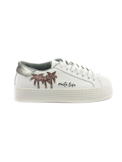 Shop Chiara Ferragni White Leather Laced Sneakers With Pink Palms In Bianco
