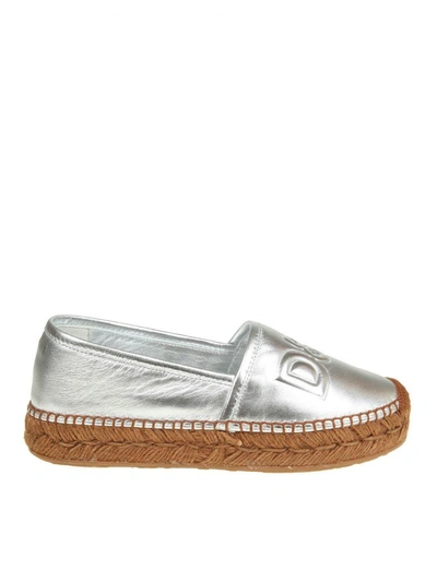 Shop Dolce & Gabbana Espadrillas In Silver Leather With Logo