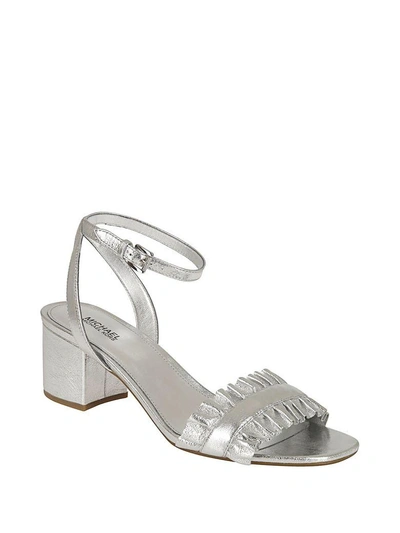 Shop Michael Kors Bella Ruffled Mid-heel Sandals In Silver