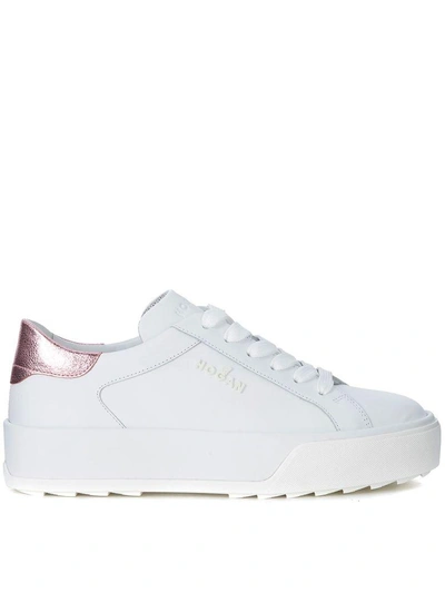 Shop Hogan H320 White Leather And Metal Pink Snaker In Bianco