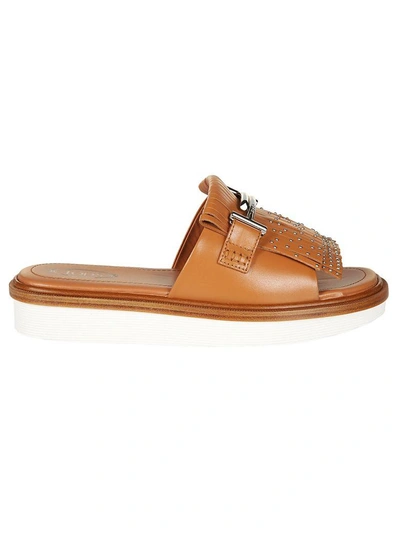 Shop Tod's Tod`s Double T Fringed Sliders In Cuoio Chiaro