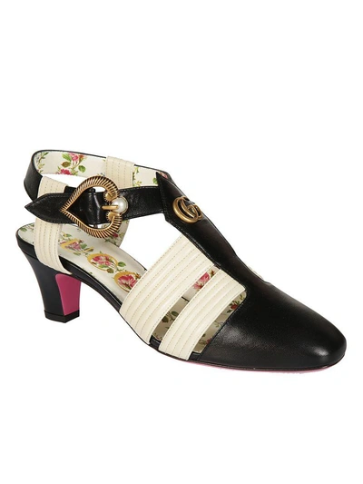 Shop Gucci Mid Heel T-strap Sandals In Nero E Vintage White