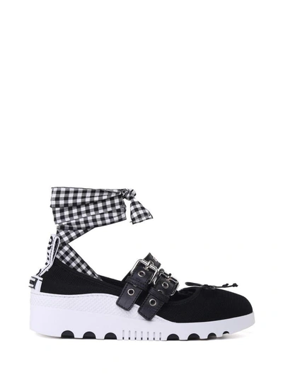 Shop Miu Miu Lace-up Knit-cotton Ballet Sneakers In Nero