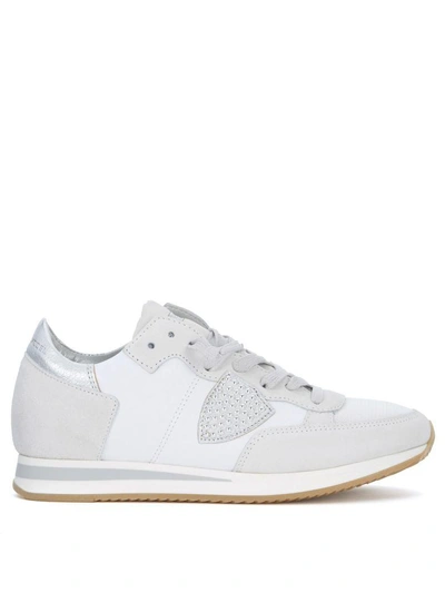 Shop Philippe Model Tropez White Leather And Suede Sneaker With Micro Studs In Bianco
