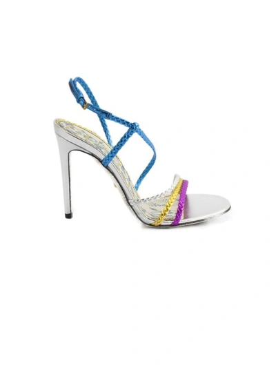 Shop Gucci Braided Metallic Silver Leather Sandal In Tricolore