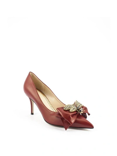 Shop Gucci Red Leather Pump With Bow In Rosso
