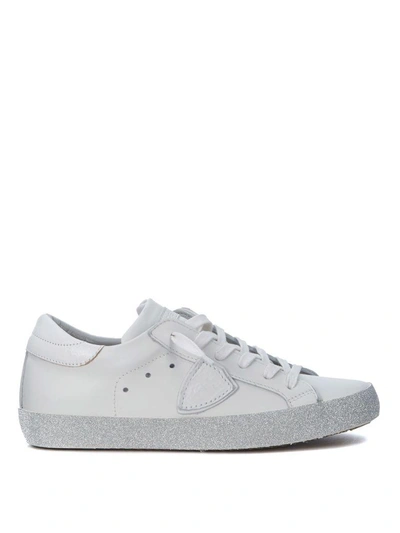 Shop Philippe Model Paris White Leather And Glitter Sneaker In Bianco