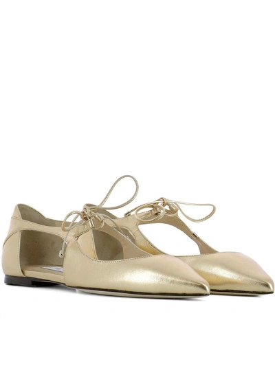 Shop Jimmy Choo Gold Leather Vanessa Flat Ballerinas