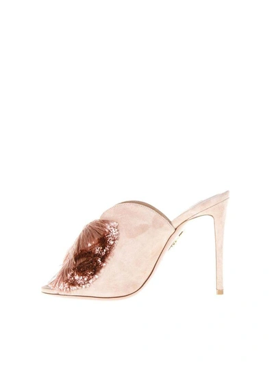 Shop Aquazzura Lotus Blossom Mule 105 Pink Suede Sandals