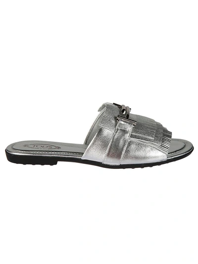 Shop Tod's Double T Fringed Sliders In Silver