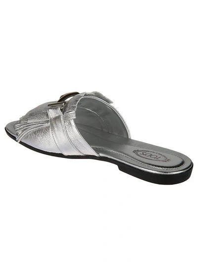 Shop Tod's Double T Fringed Sliders In Silver
